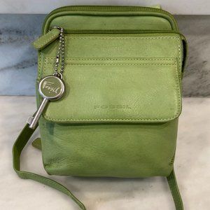 Lime green Fossil leather crossbody bag with key 6"X8"X3.5"